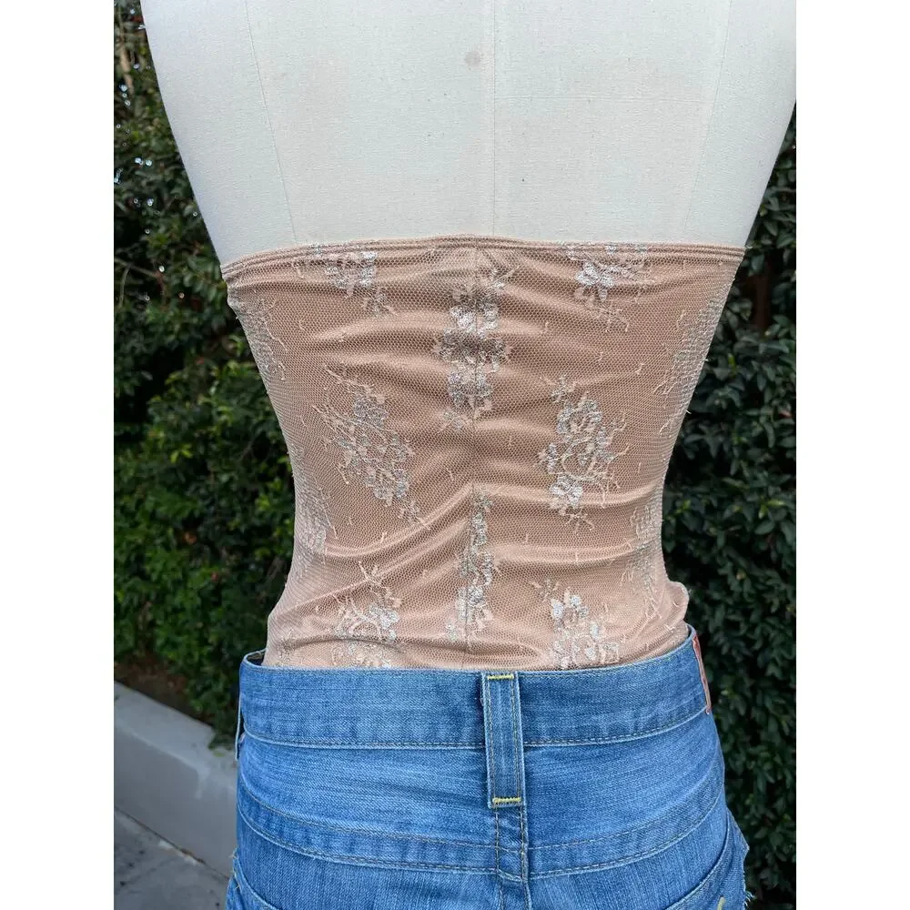 Y2K Hourglass Nude Brown Gold Lace Strapless Corset Small - Picture 3 of 12